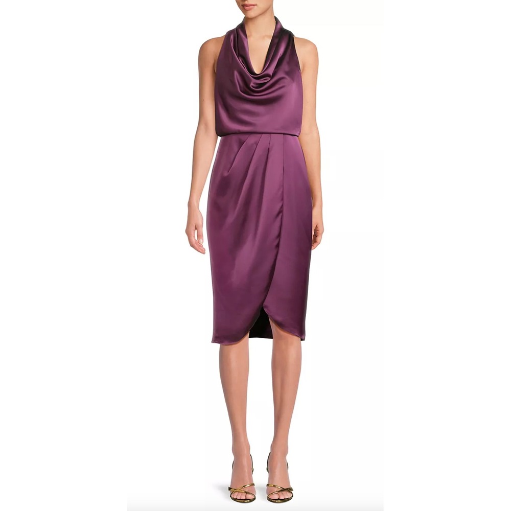 Aidan Mattox Purple Bordeaux Satin Draped CowlNeck Tulip Skirt Cocktail Dress 14